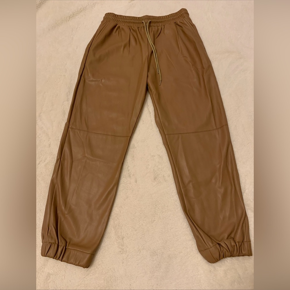 Aaron & Amber Women’s Faux Leather Joggers W/ Drawstring Solid Brown Sz M NWOT.